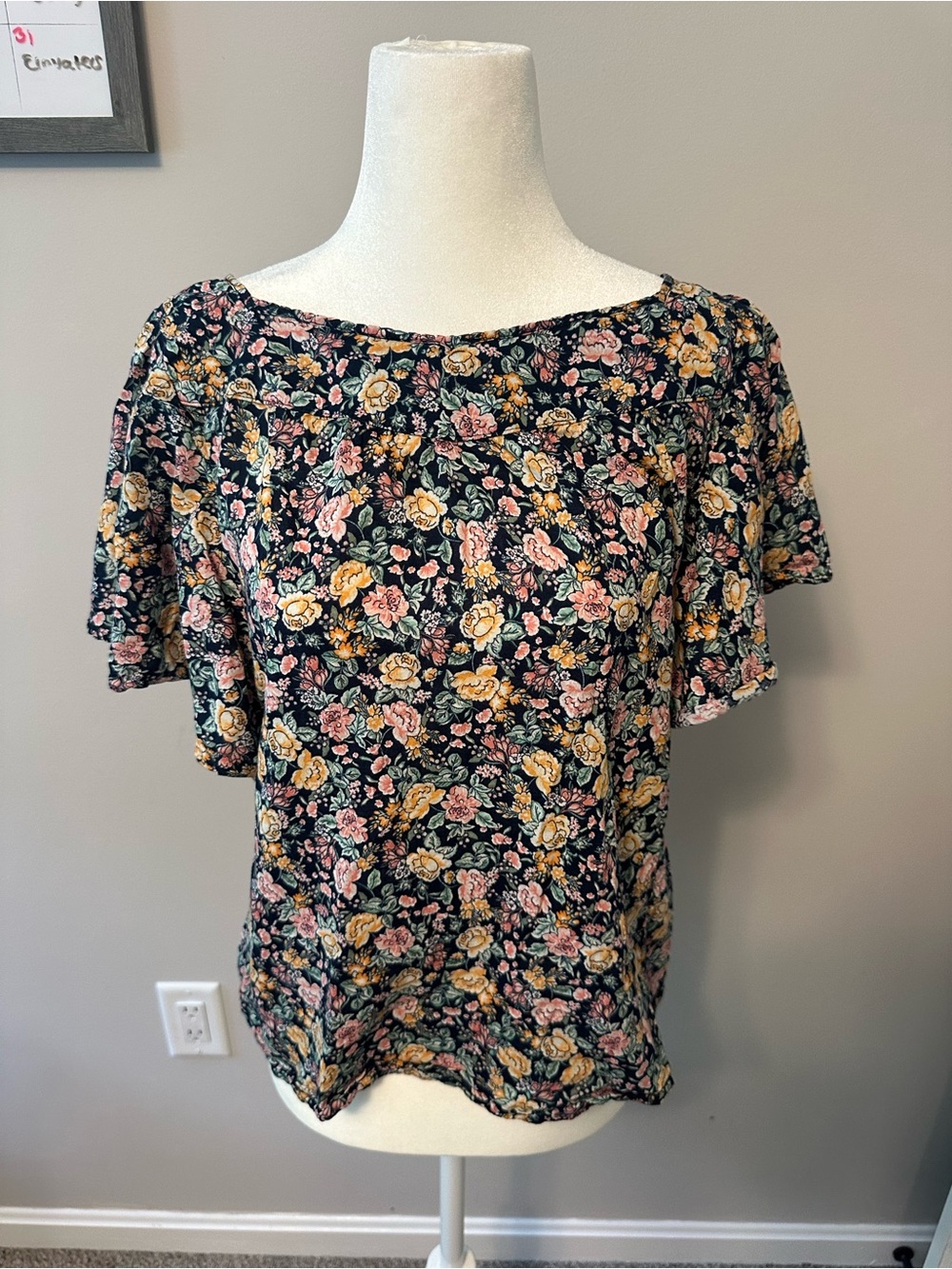 Old Navy Black Floral Scoop Neck Top with Pink & Yellow Flowers